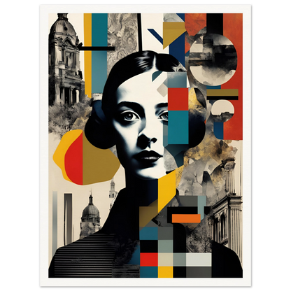 A striking portrait of a woman interwoven with geometric patterns, vintage architecture, and fragmented colors, symbolizing time and identity.