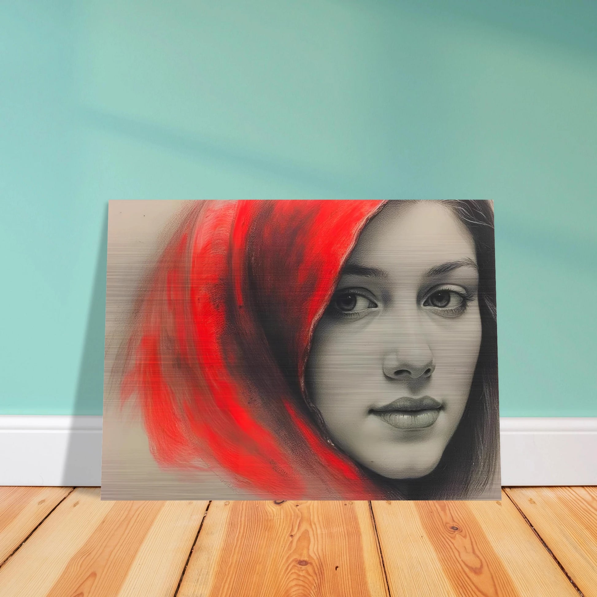 A soft portrait of a young woman draped in a vivid red hood, her calm gaze contrasting with the fiery energy surrounding her.