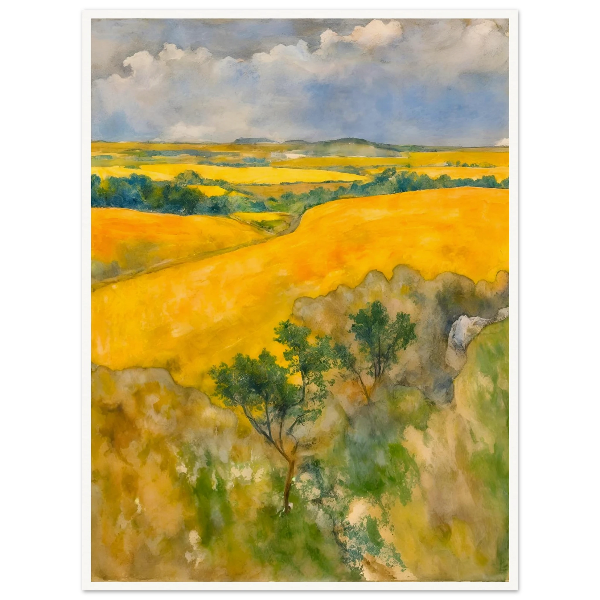 Golden fields stretch across rolling hills under a blue and cloudy sky, with trees dotting the lush summer landscape.
