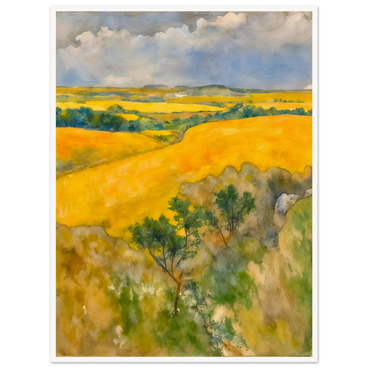 Golden fields stretch across rolling hills under a blue and cloudy sky, with trees dotting the lush summer landscape.
