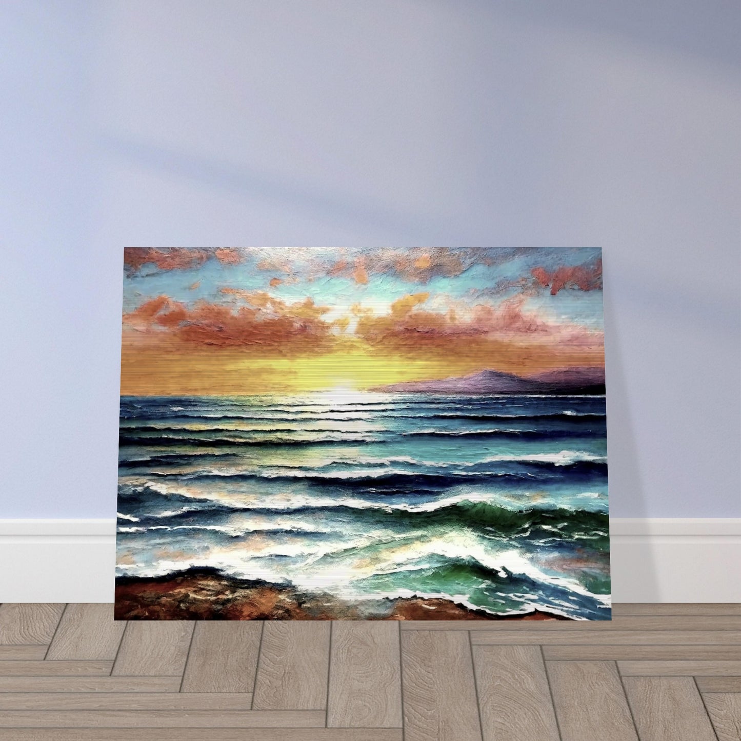 A serene view of ocean waves at sunset with a golden sky, vibrant clouds, and mountains in the distance.