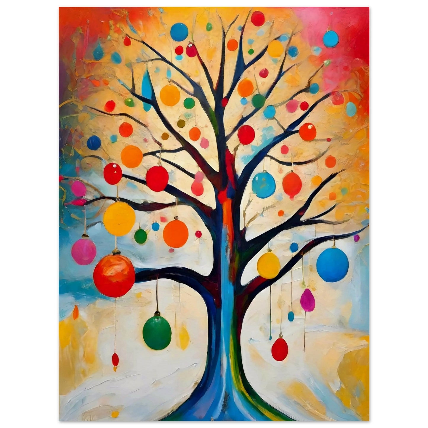 A vibrant painting of a bare tree adorned with colorful ornaments, set against a glowing background of warm yellows, oranges, and blues.