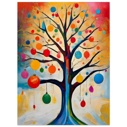 A vibrant painting of a bare tree adorned with colorful ornaments, set against a glowing background of warm yellows, oranges, and blues.