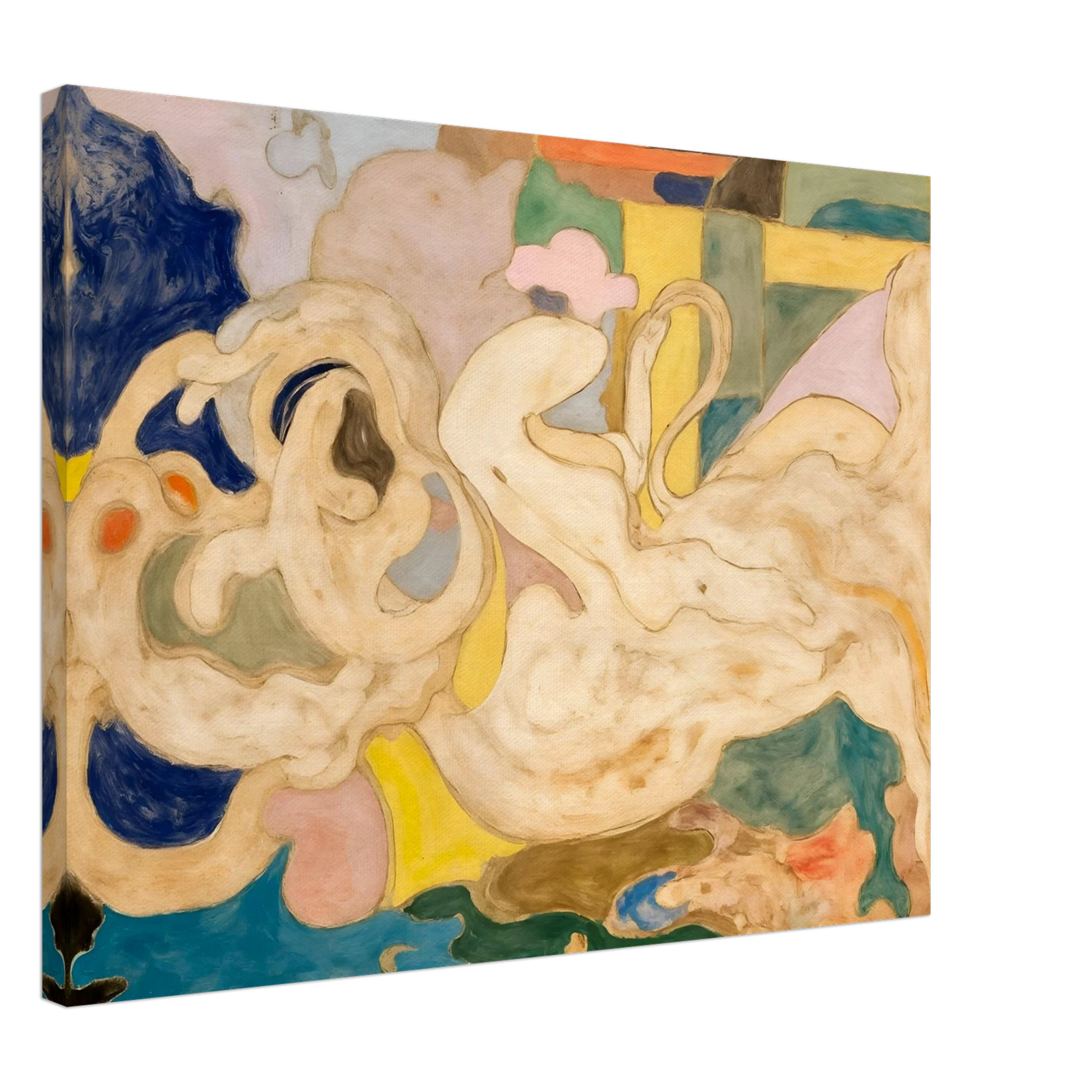 Cream-toned flowing shapes weave through soft blocks of blue, green, yellow, and pink in a dreamlike composition.