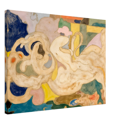 Cream-toned flowing shapes weave through soft blocks of blue, green, yellow, and pink in a dreamlike composition.