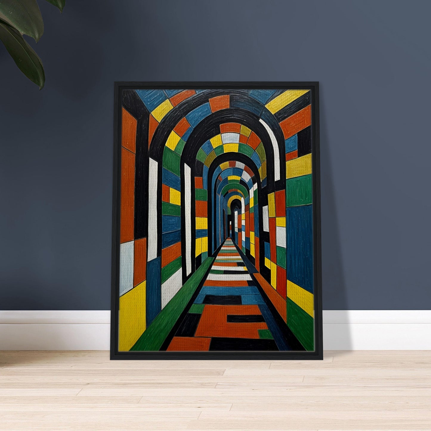 A striking, colorful tunnel with geometric patterns, creating a mesmerizing sense of depth and perspective in a surreal architectural space.