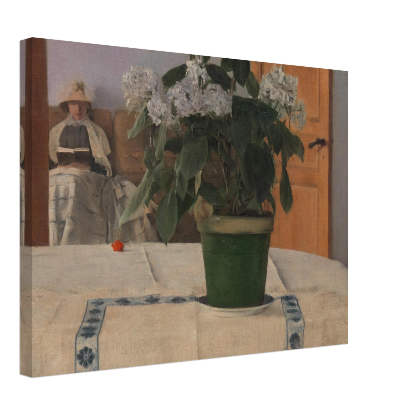 A potted hydrangea dominates a quiet interior as a bonneted woman reads in the softly lit background.
