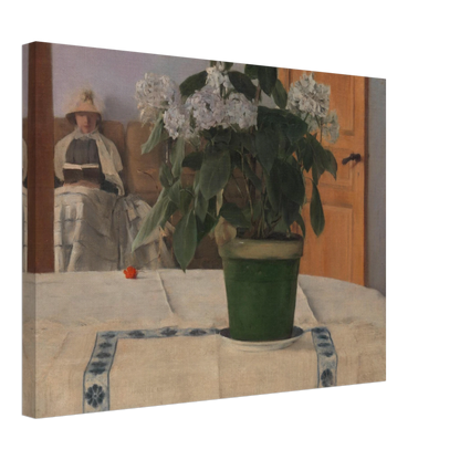 A potted hydrangea dominates a quiet interior as a bonneted woman reads in the softly lit background.