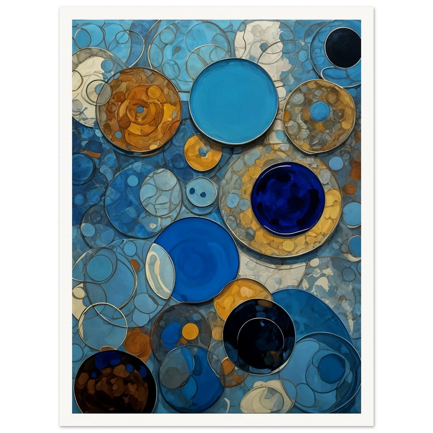 An abstract painting featuring various shades of blue and orange circular patterns overlapping in a dynamic composition.