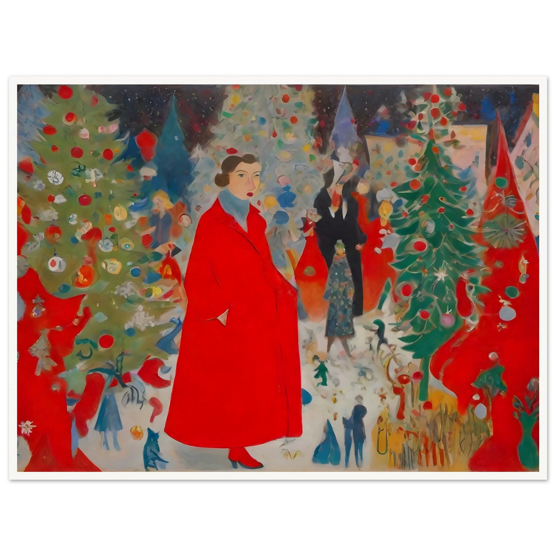 An expressive festive scene featuring a woman in a bold red coat surrounded by decorated Christmas trees and a lively holiday crowd.