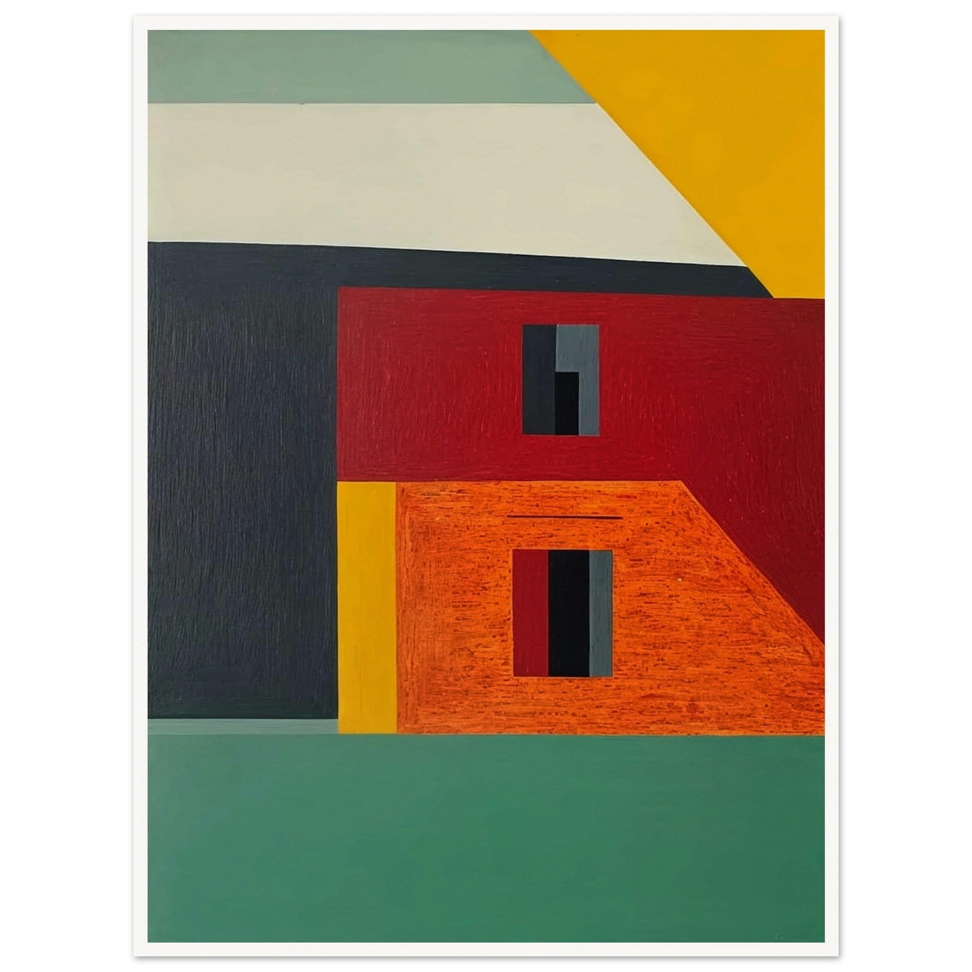 A vibrant geometric painting featuring bold shapes and contrasting colors, creating a striking visual composition.