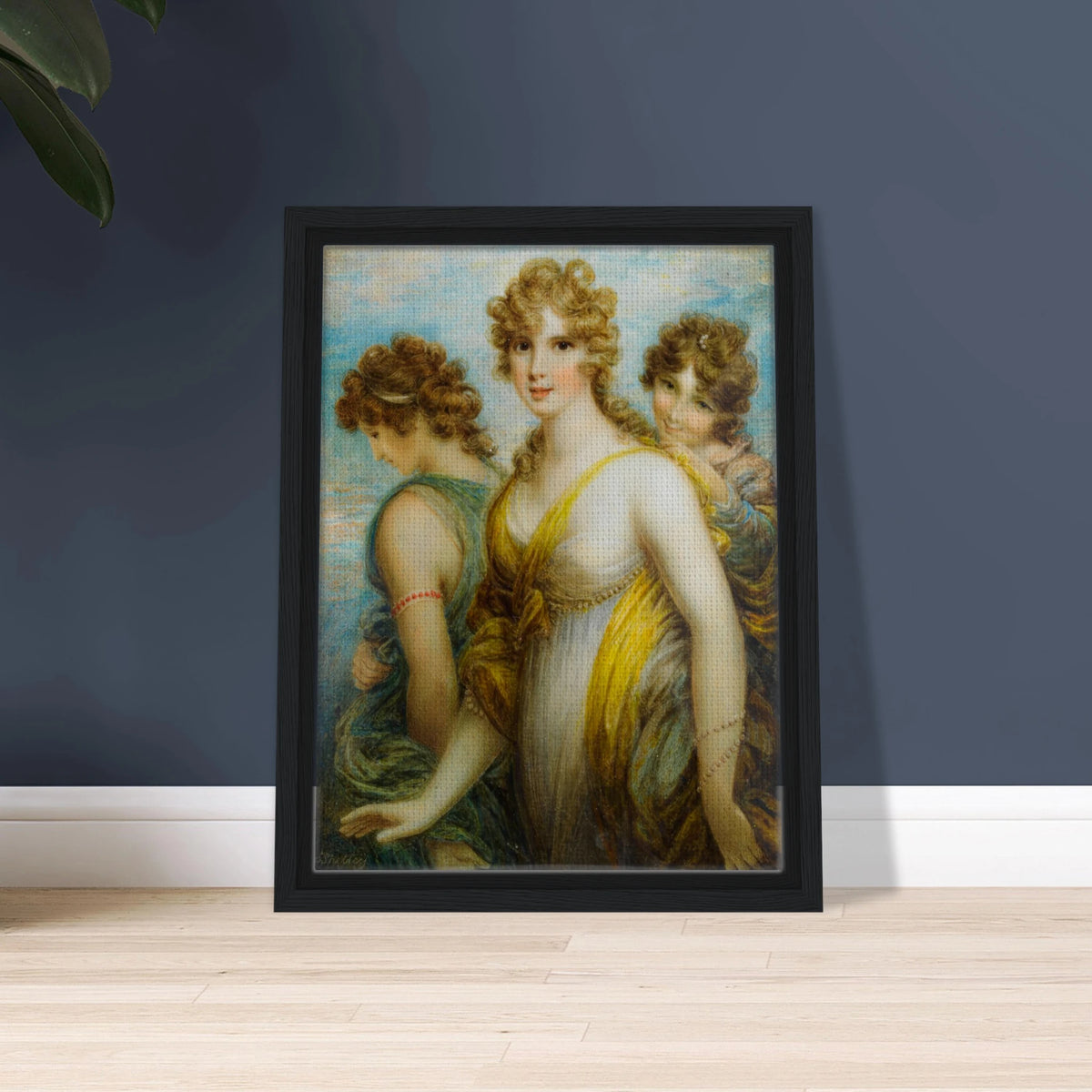 Three classical women in flowing drapery pose together against a soft blue sky.