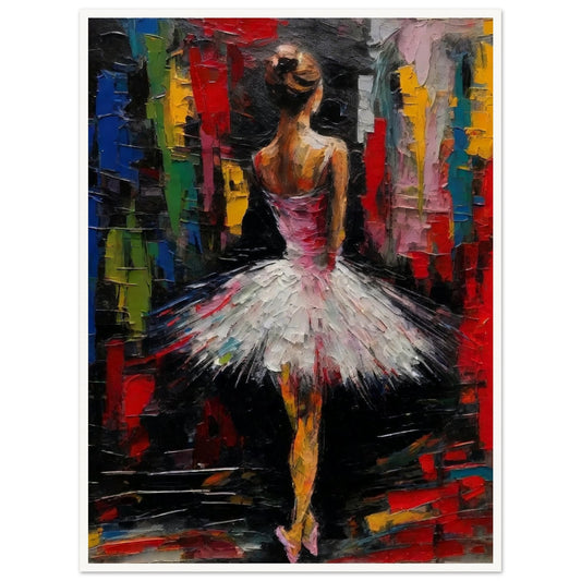 An expressive painting of a ballerina in a white tutu, standing against a vibrant, abstract background.