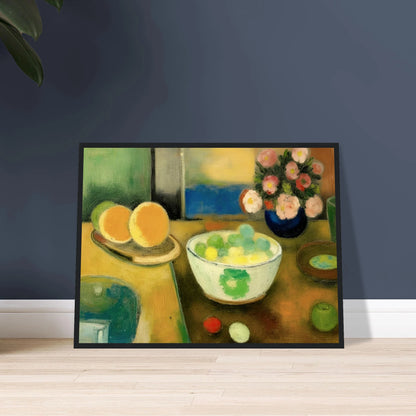 Golden citrus, pastel fruit, and fresh blooms rest on a sunlit table, creating a warm scene of everyday abundance.
