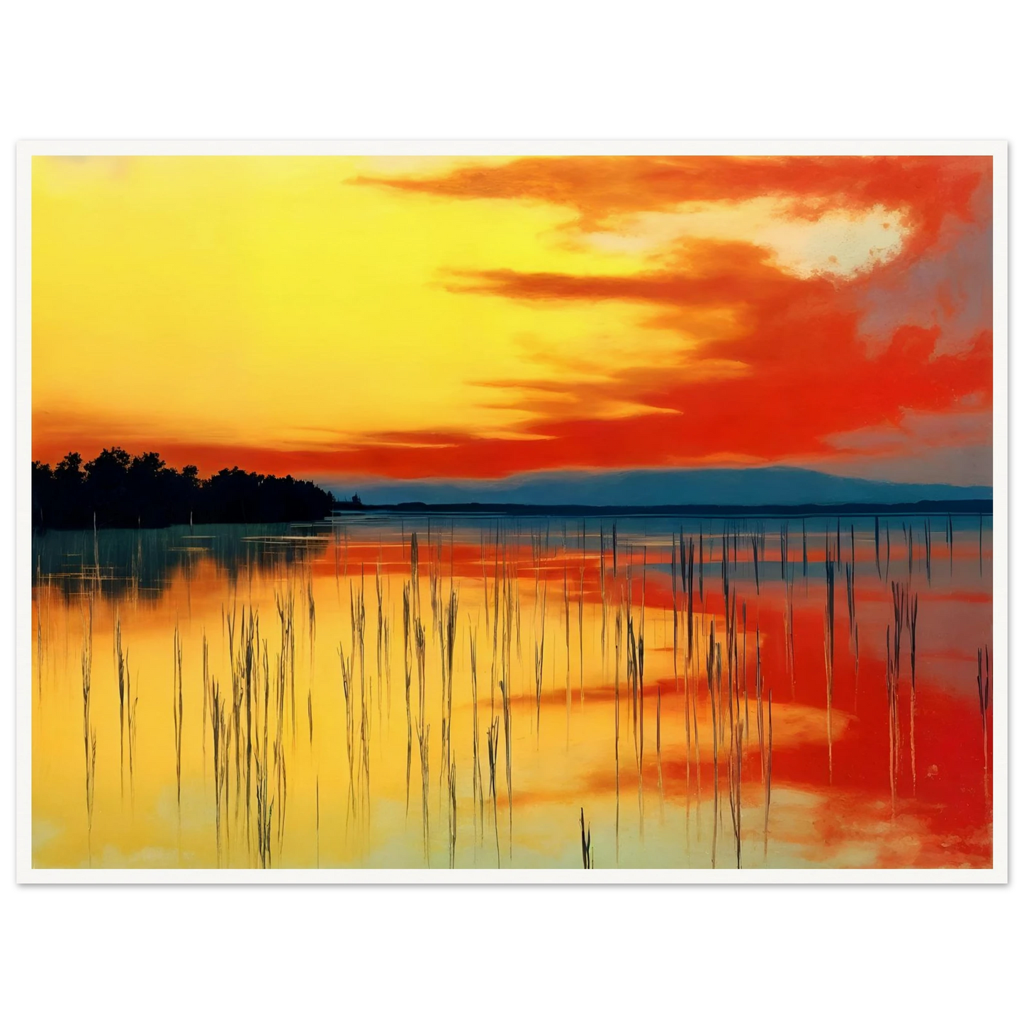 A vivid sunset over calm waters, where orange and yellow hues mirror the sky’s fiery glow and reeds stand in quiet balance.