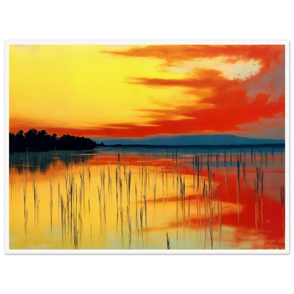 A vivid sunset over calm waters, where orange and yellow hues mirror the sky’s fiery glow and reeds stand in quiet balance.
