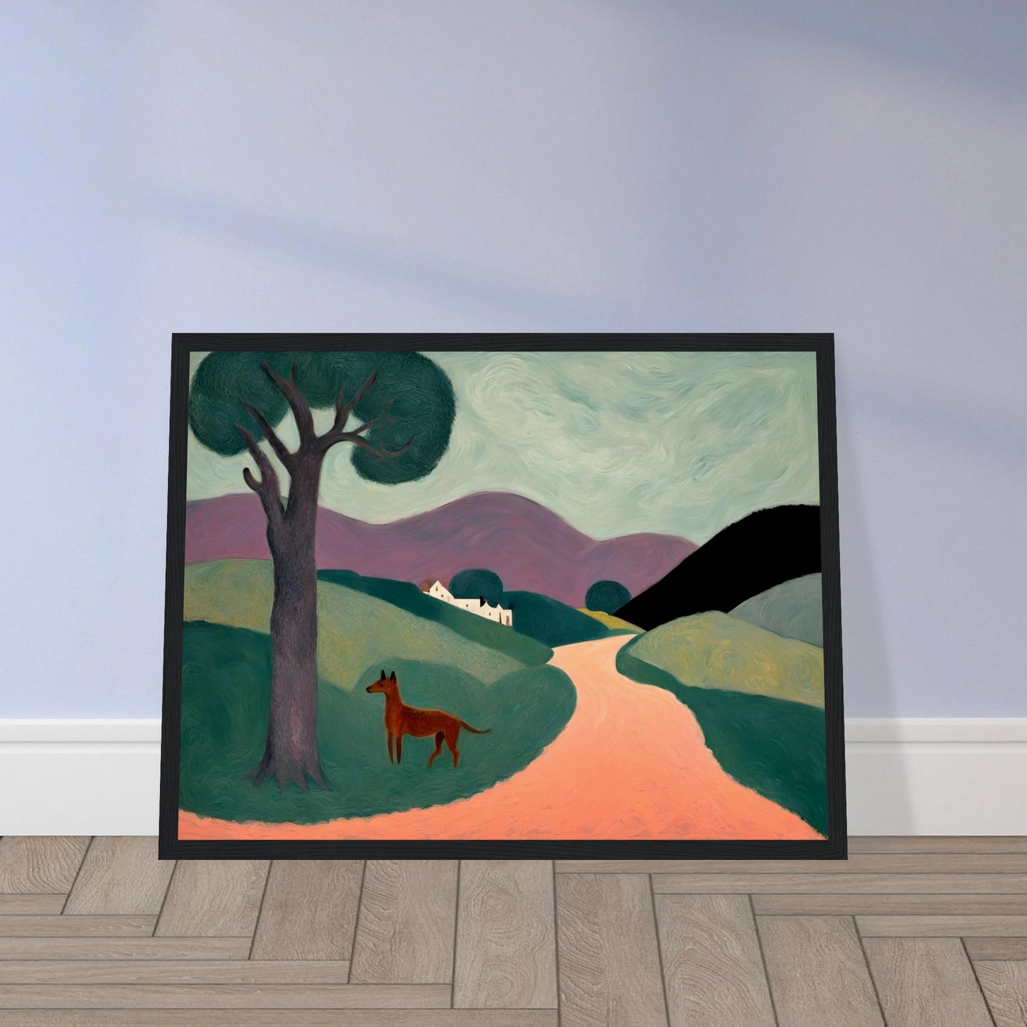 Stylized countryside landscape with rolling green hills, a purple mountain range, a lone tree, and a brown dog standing on a peach path.