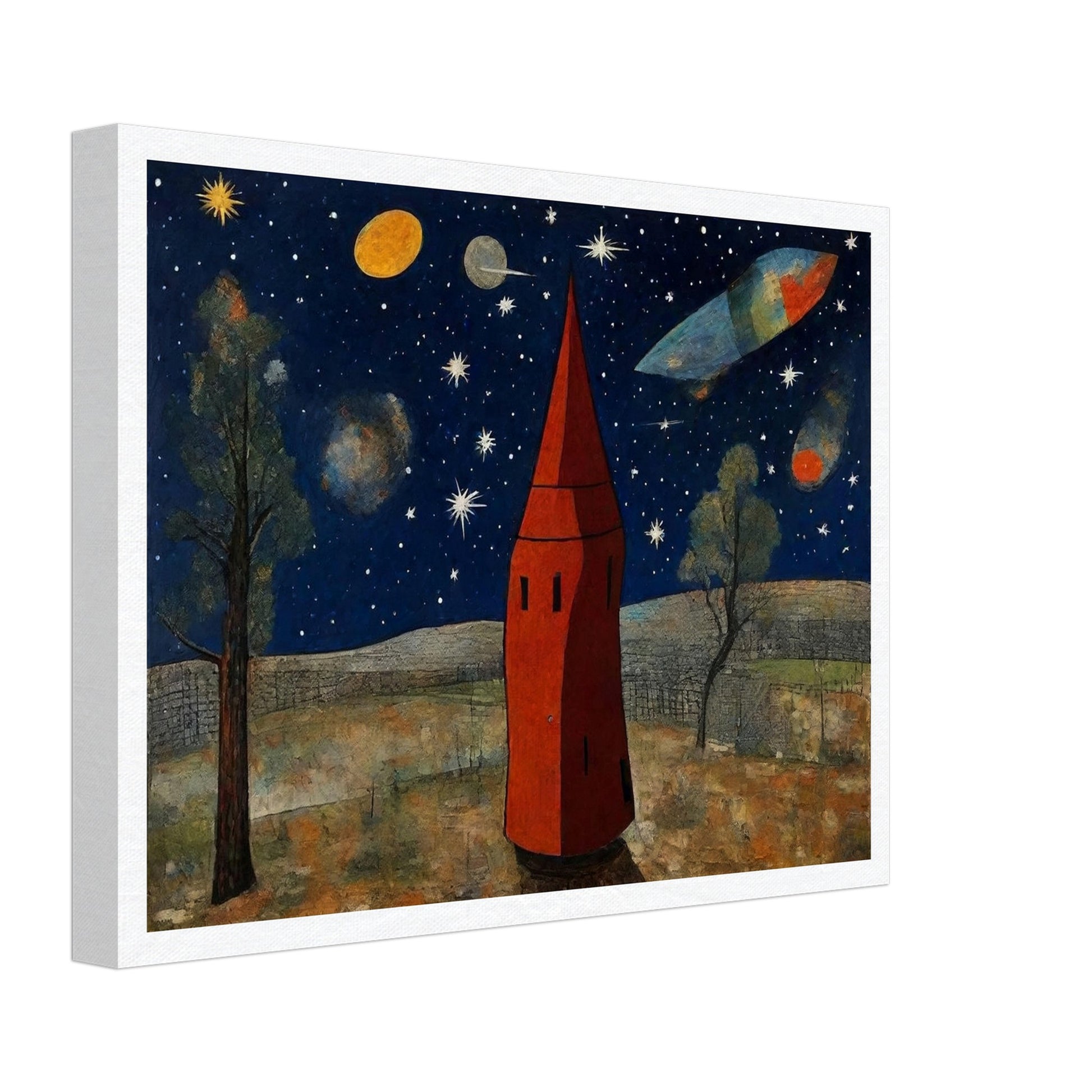 Whimsical scene of a red tower under a starry sky, with planets and a spaceship flying in a cosmic landscape surrounded by trees.