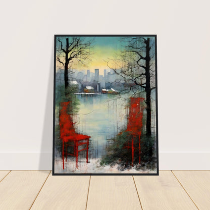 An atmospheric painting featuring two red chairs near a serene lake, framed by bare trees, with a distant city skyline at dusk