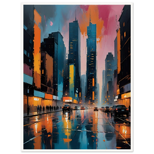 Moody city street at dusk with glowing reflections on wet pavement, glowing windows, tall skyscrapers, and light-streaked sky.