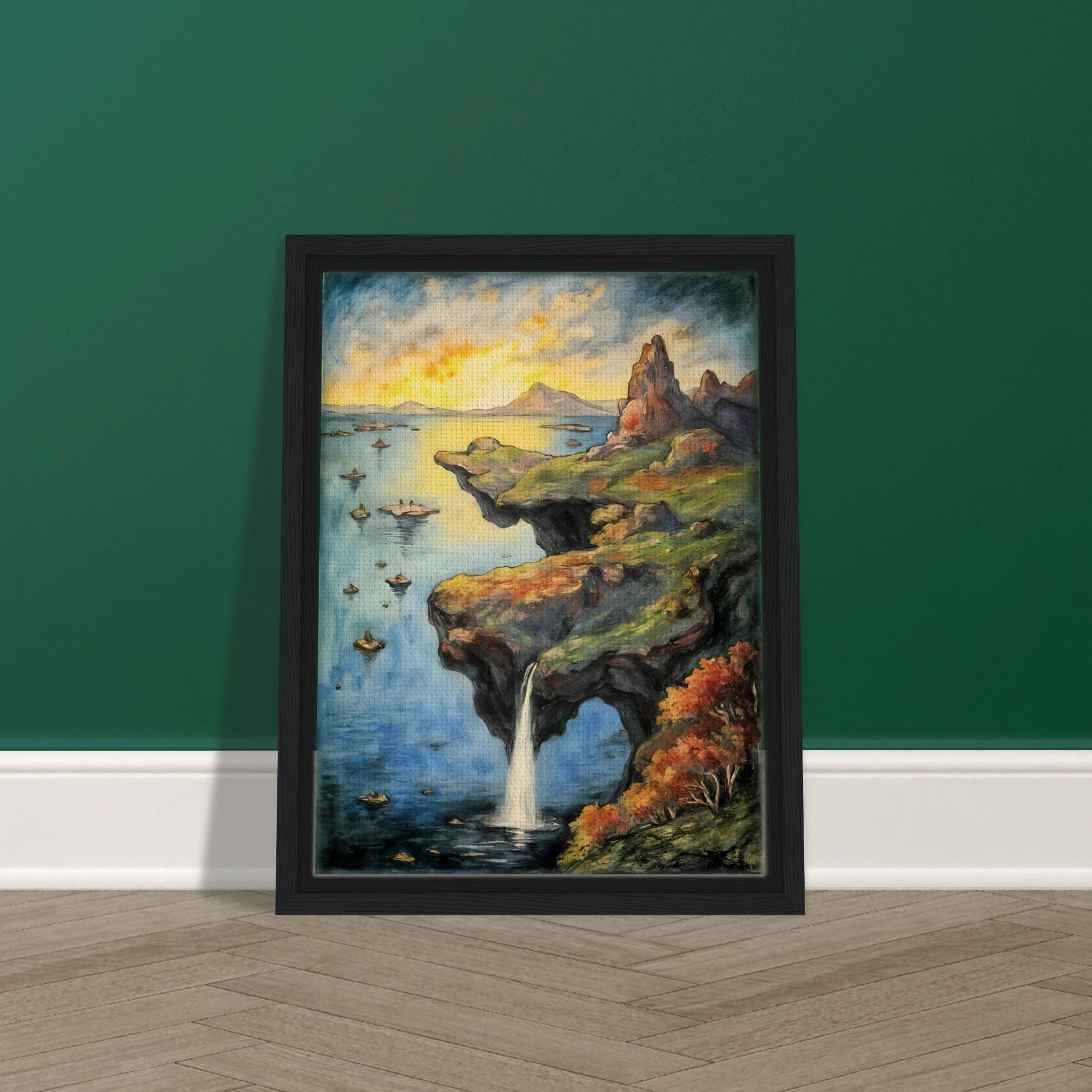 A dreamlike coastal cliff spills into tranquil blue waters beneath a glowing sky, with rocky peaks and autumn trees.