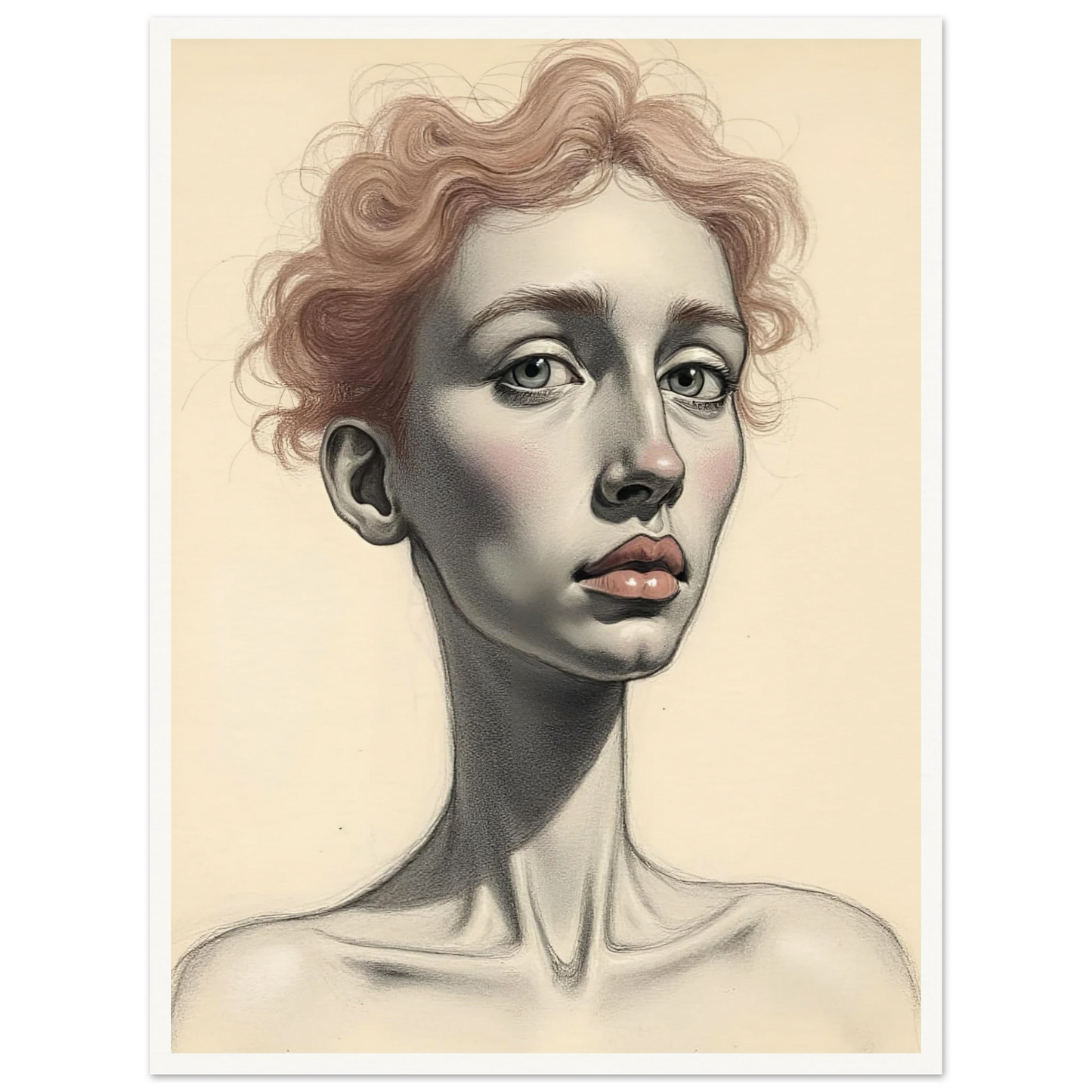A detailed portrait of a woman with soft red curls, pale skin, and steady eyes, evoking grace and introspection.