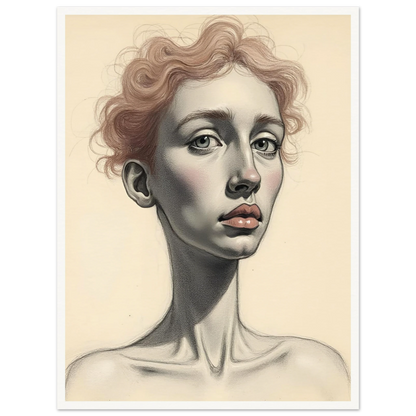 A detailed portrait of a woman with soft red curls, pale skin, and steady eyes, evoking grace and introspection.