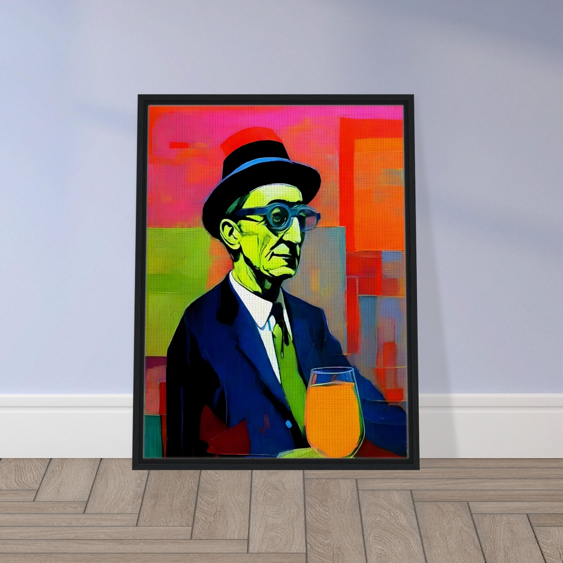 Bold and colorful painting of an older man in a hat and glasses, with green tones on his face, a suit, and a bright orange drink.