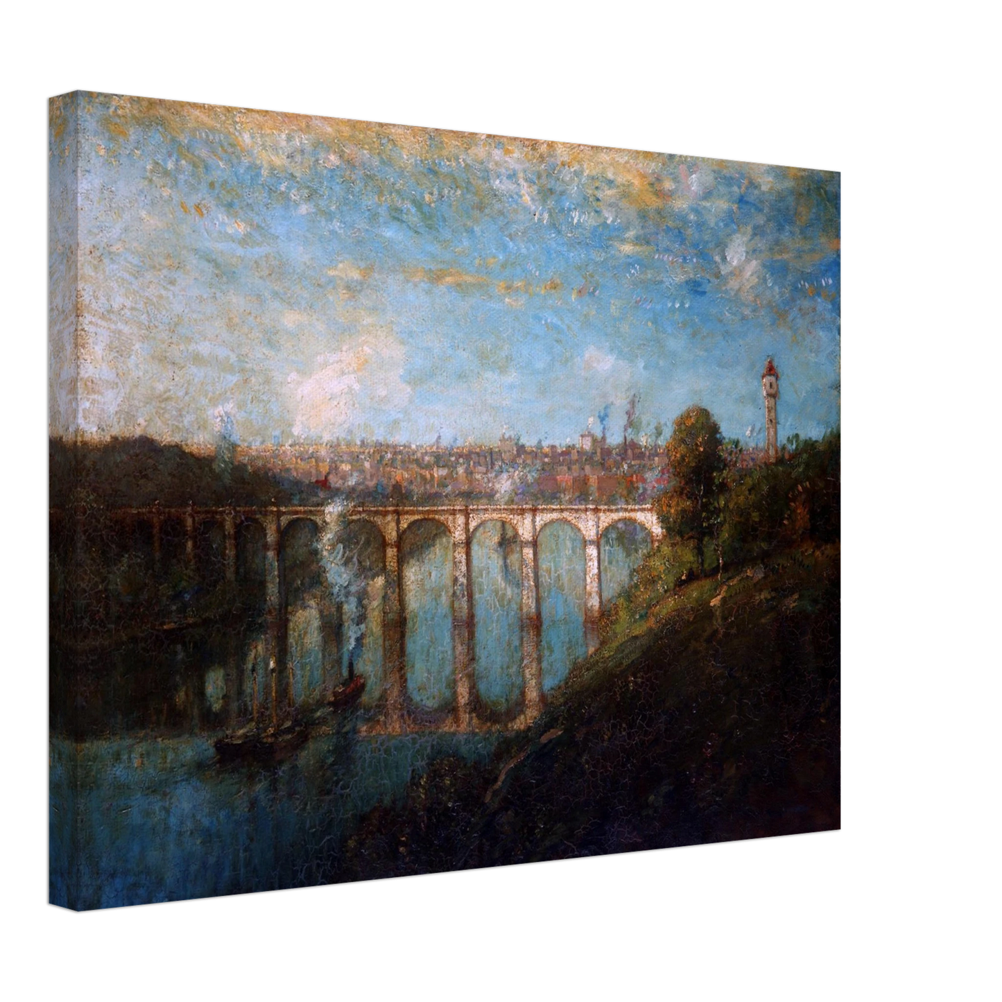 Arched bridge spans a blue river beneath a city skyline and tall tower