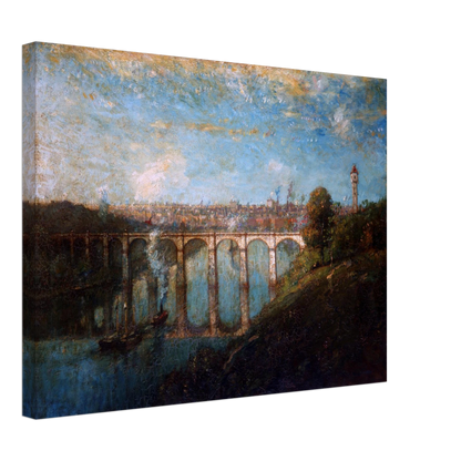 Arched bridge spans a blue river beneath a city skyline and tall tower