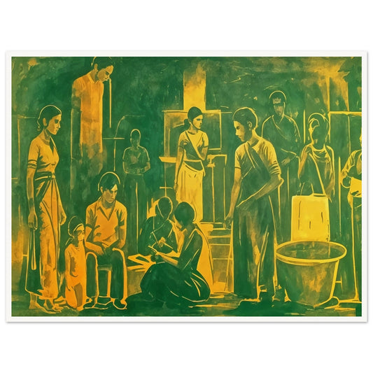 An evocative painting depicting a group of people gathered in a communal space, engaged in various activities. The figures are rendered in warm green and yellow tones, creating a harmonious and unified atmosphere. The scene captures a moment of interaction and shared experience, with each character absorbed in their own task, yet connected to the collective setting. The composition is filled with a sense of quiet strength and unity, highlighting the bonds within the community.