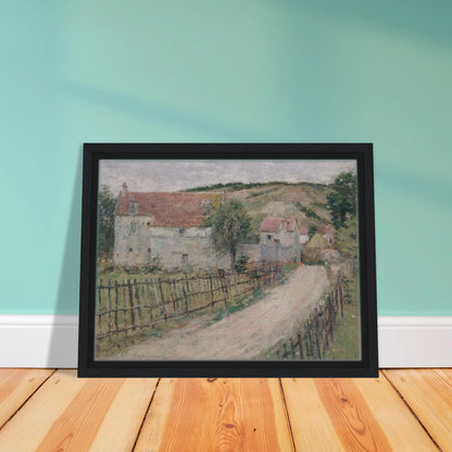 Country road curves past white village houses and fences toward a hill under a pale cloudy sky.