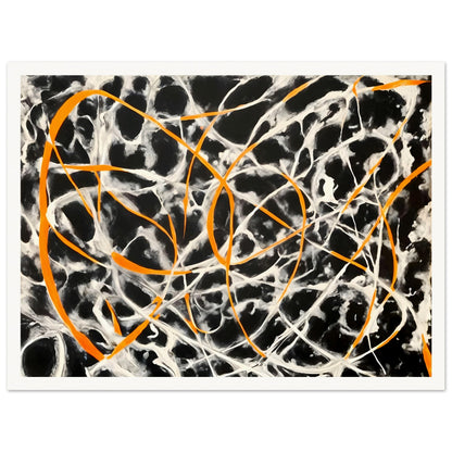 Dynamic black and white background with vibrant orange lines intertwining, creating an energetic and chaotic web of movement.