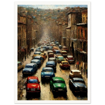 "A densely packed painting of colorful cars lined up in a busy city street, depicting the chaotic energy of a traffic jam on an urban road surrounded by tall buildings."