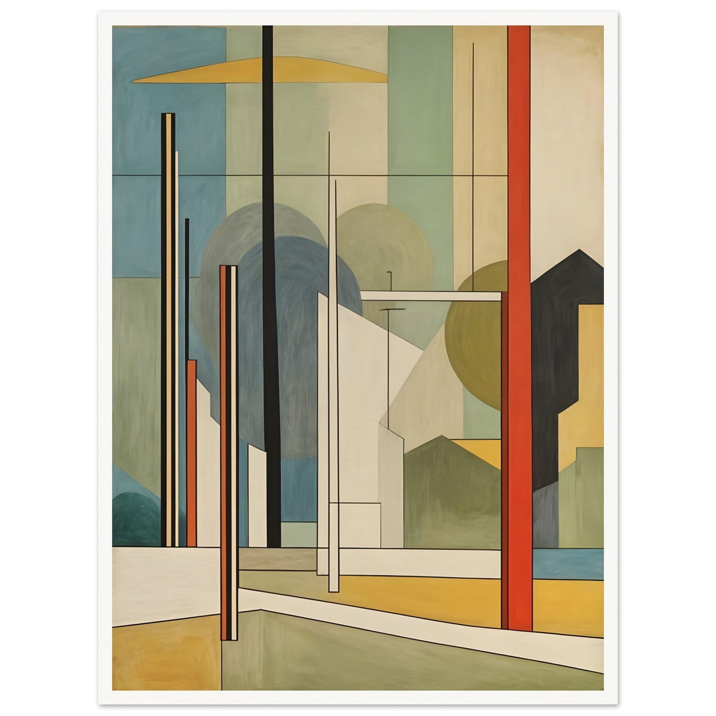 A geometric artwork featuring abstract buildings, trees, and poles with clean lines in earthy tones of green, yellow, red, and beige, creating a modern cityscape.