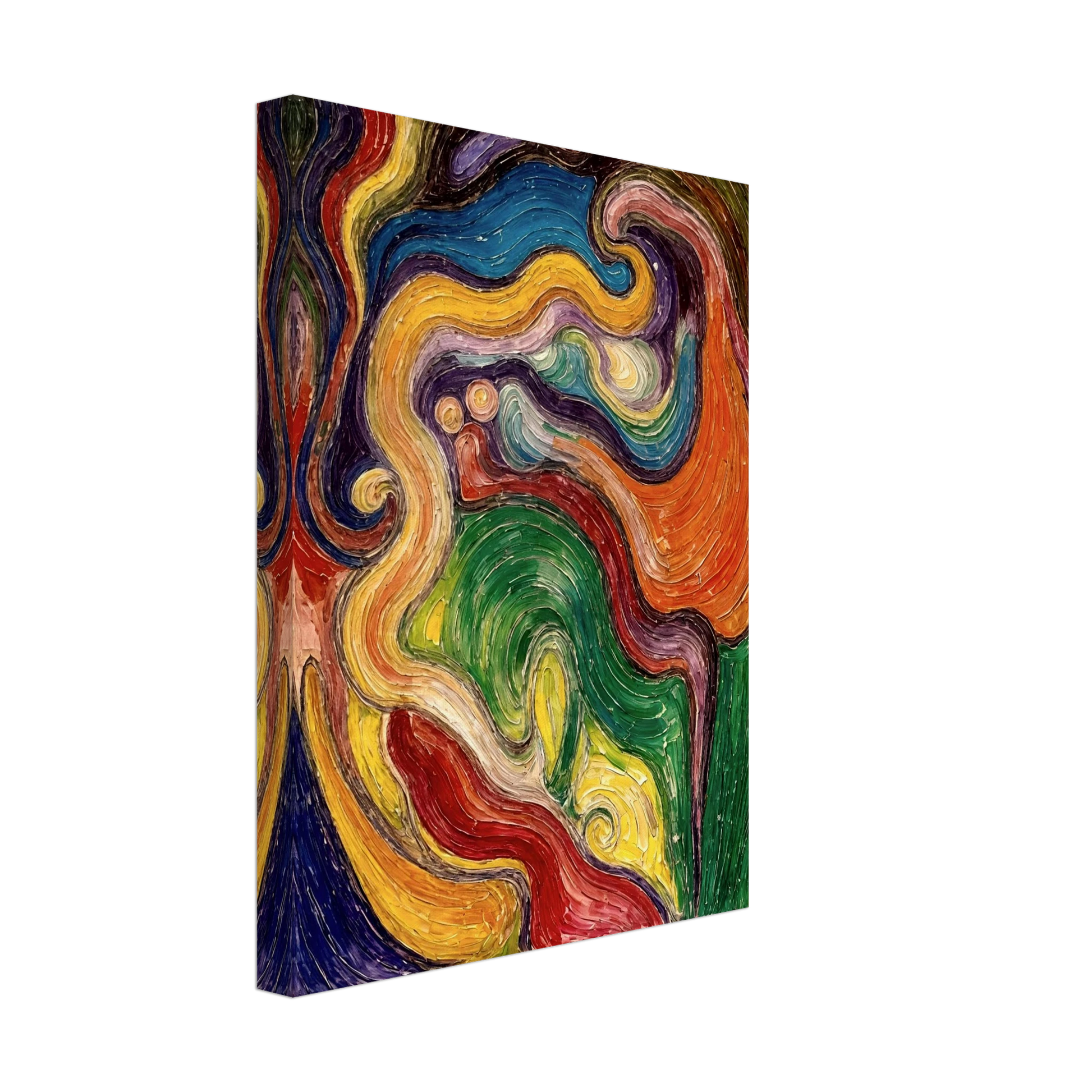 Lively spiral strokes in red, green, yellow, and blue twist and merge, forming a textured, flowing visual dialogue.