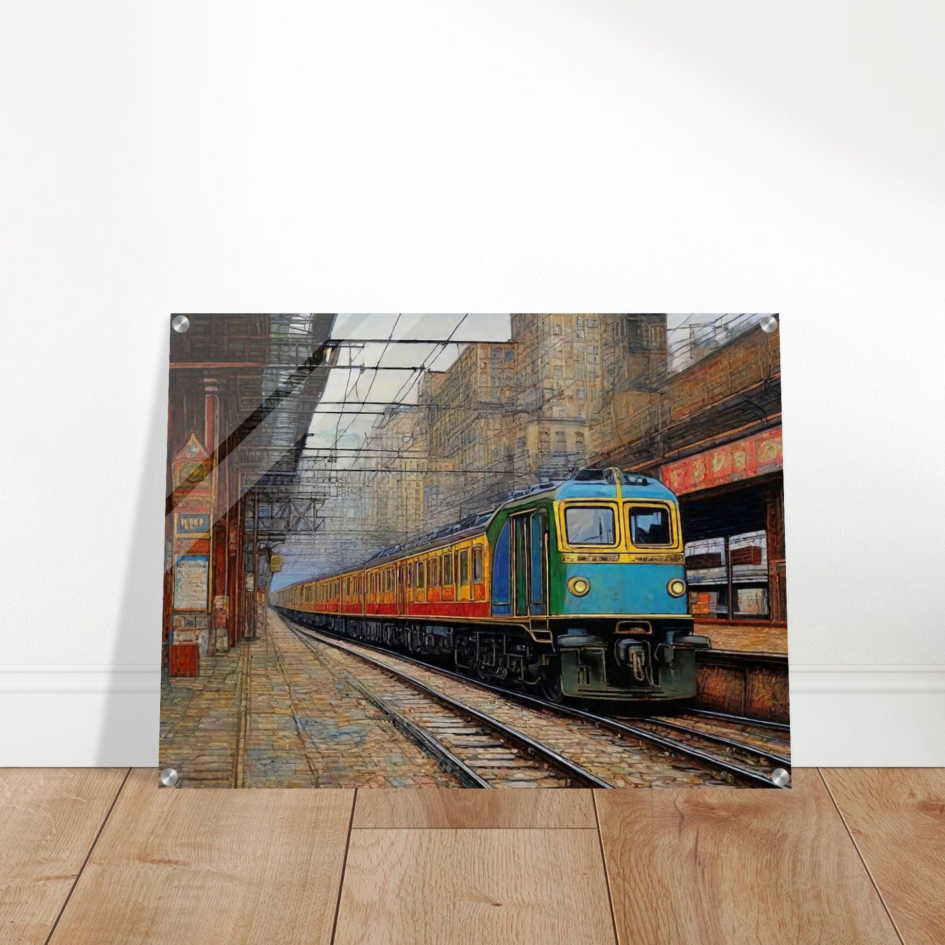 "A detailed painting of a train arriving at an urban station, set against the backdrop of tall buildings and intricate overhead wires, capturing the bustling city atmosphere."