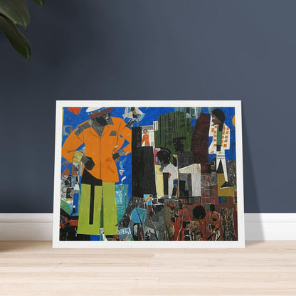 A vibrant collage artwork showcasing various figures and cityscape elements in a dynamic, colorful urban setting.