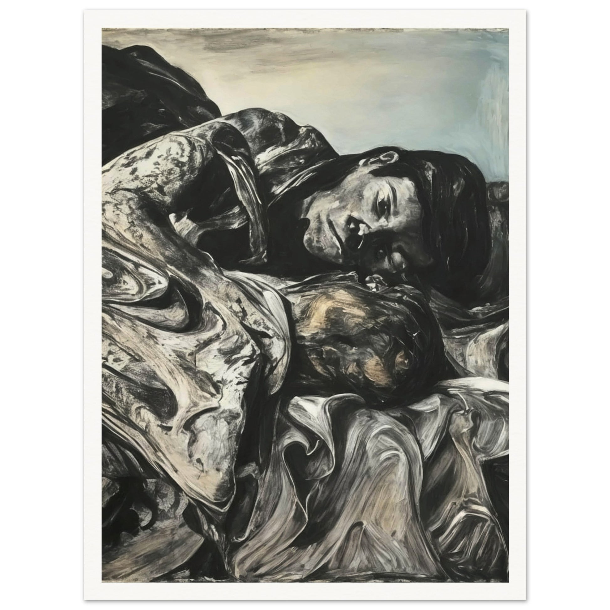 A haunting black-and-white painting of two figures embracing in a solemn moment, surrounded by textured folds of fabric.