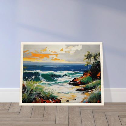 A vibrant painting of an ocean wave crashing onto a rocky coastline with palm trees and a colorful sky at sunset, exuding serenity.