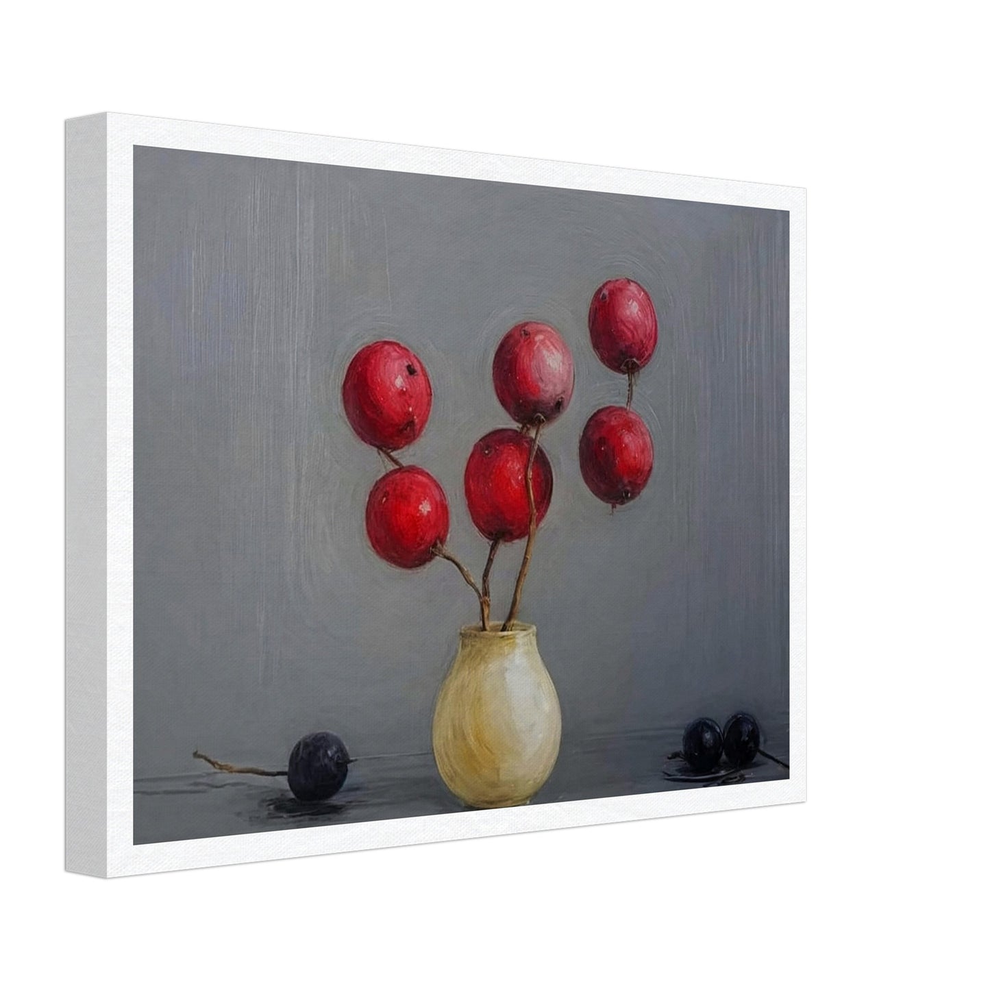 A minimalist still life painting featuring red berries arranged in a small, round vase, set against a soft gray background, with two dark berries resting on the table.