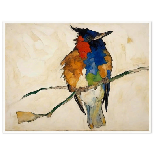 "A vivid painting of a multi-colored bird perched on a branch, with bold patches of red, blue, orange, and green feathers against a light background."