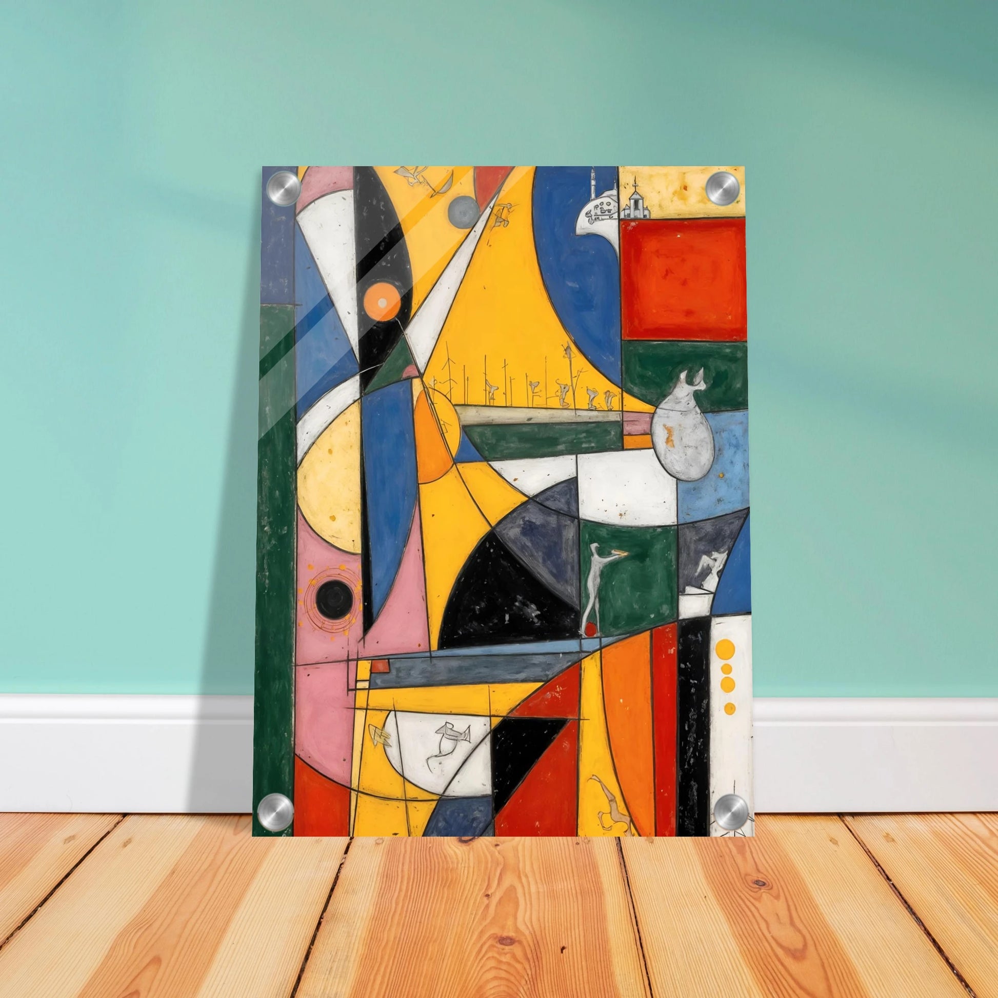 A vibrant cubist-style composition of bold yellow, blue, red, and green forms with playful symbols, layered shapes, and whimsical details.
