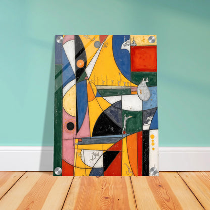 A vibrant cubist-style composition of bold yellow, blue, red, and green forms with playful symbols, layered shapes, and whimsical details.