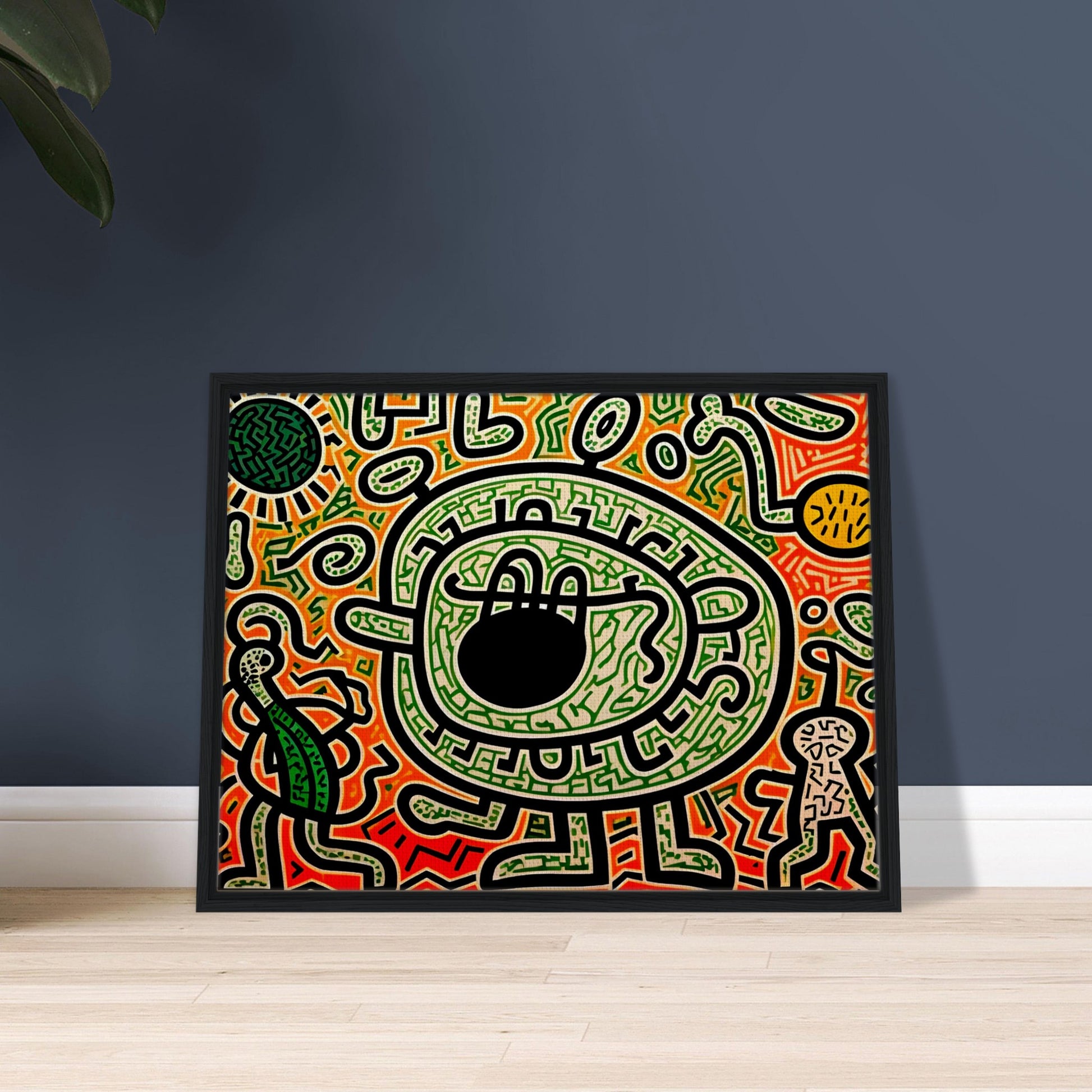 A graffiti-inspired digital artwork featuring a large green eye-like figure surrounded by bold black outlines, intricate patterns, and vibrant neon hues of green, red, and orange.