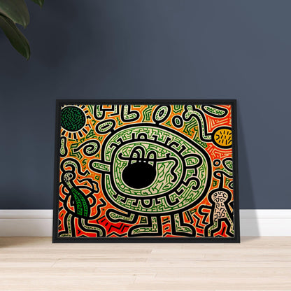 A graffiti-inspired digital artwork featuring a large green eye-like figure surrounded by bold black outlines, intricate patterns, and vibrant neon hues of green, red, and orange.