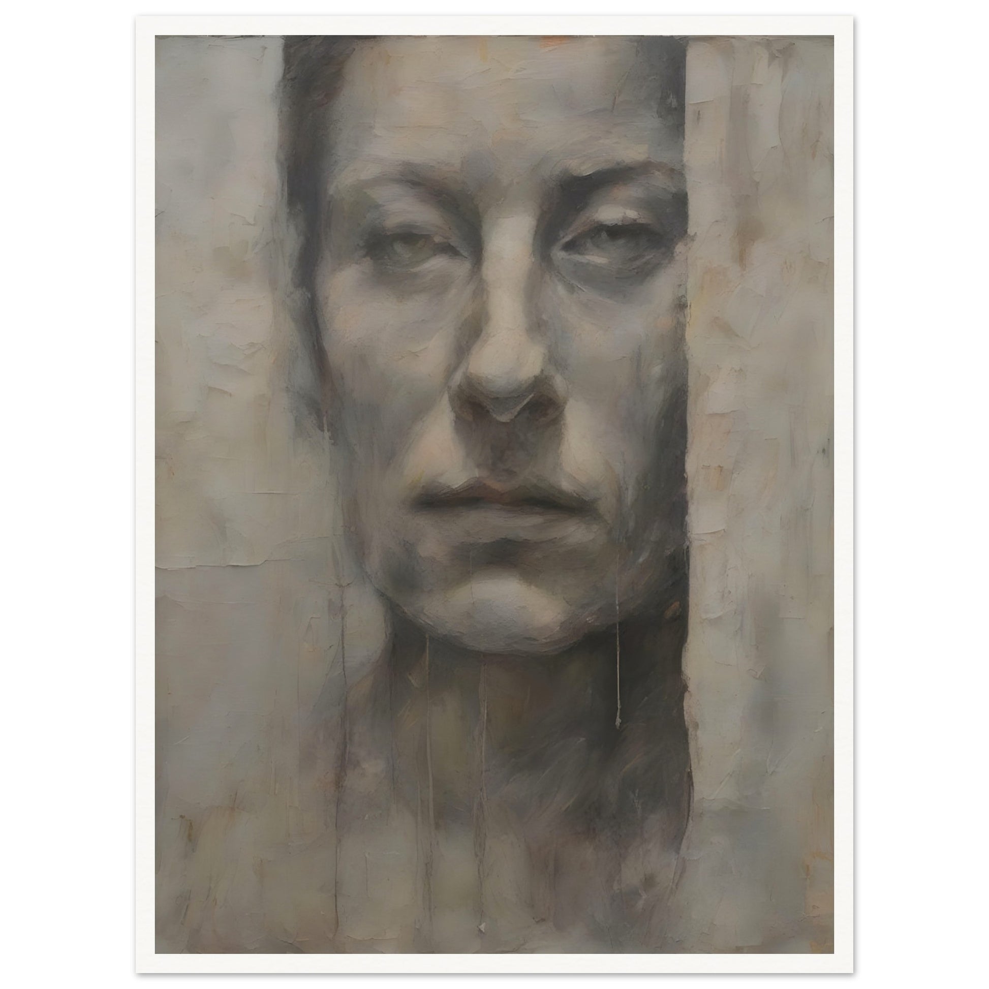 A haunting monochromatic portrait of a solemn face emerging from a textured, weathered surface, evoking a sense of mystery and introspection.