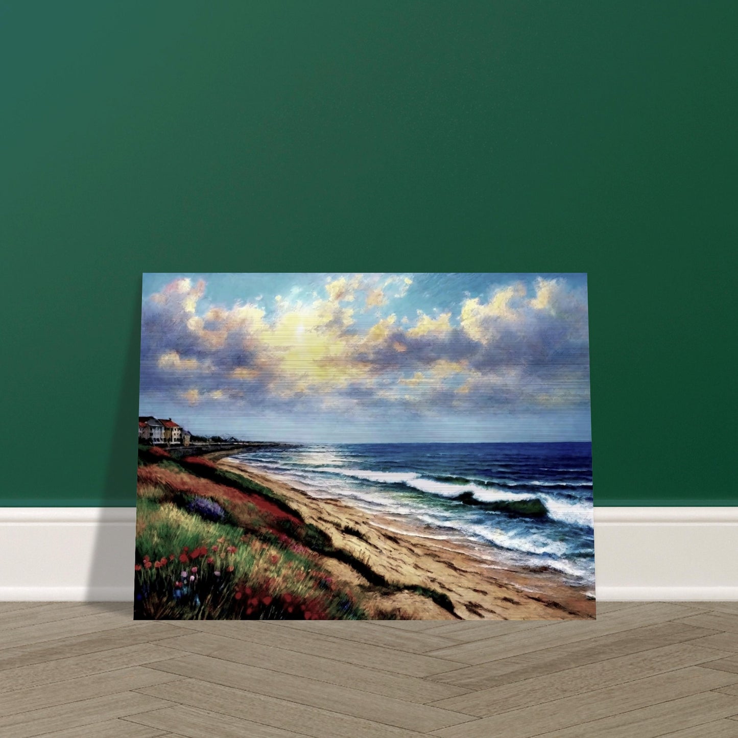 A serene painting of a beach at sunset, with gentle waves rolling onto the sand, vibrant grasses, and houses along the distant coastline.