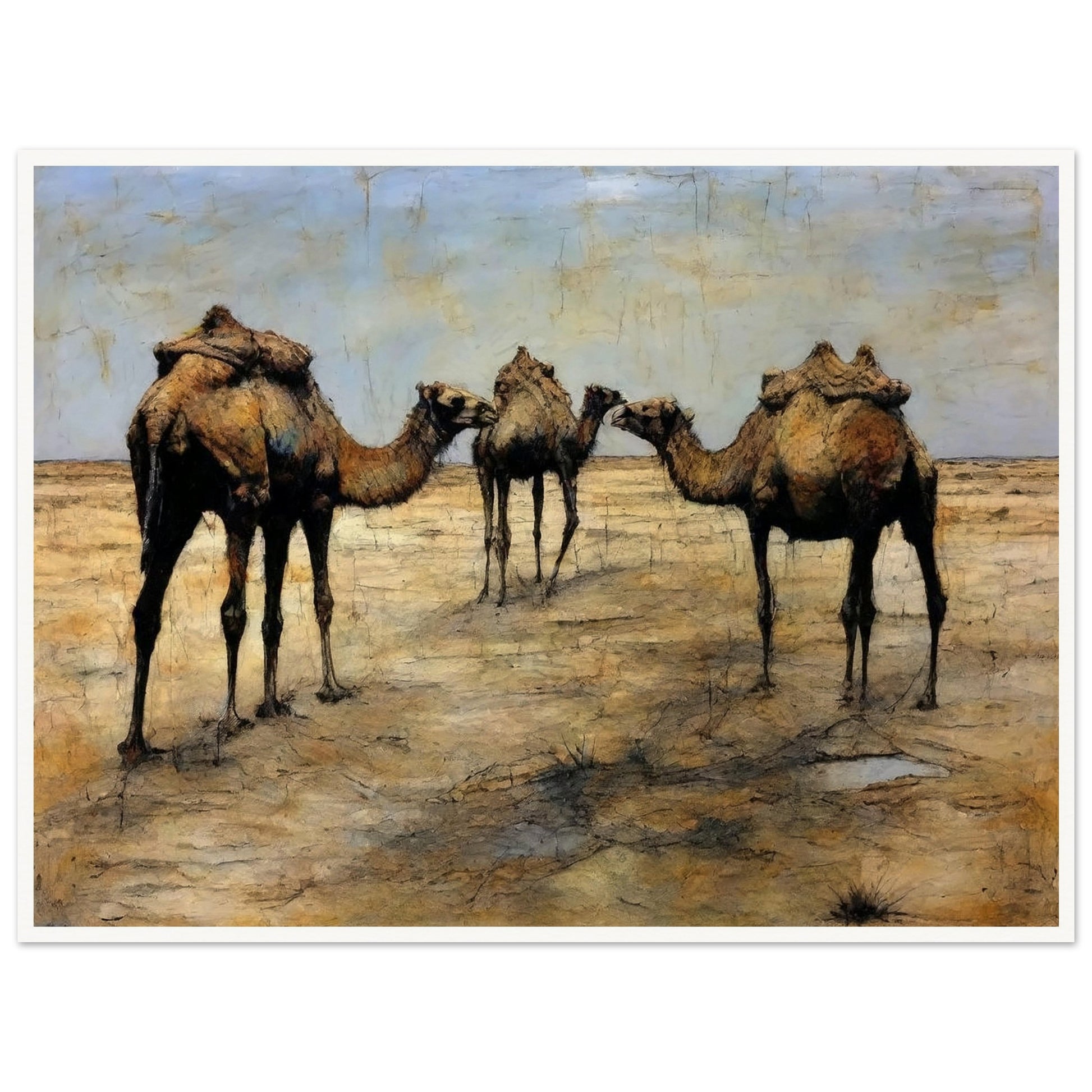 A detailed painting of three camels with packs standing together in a vast, arid desert landscape under a blue sky.