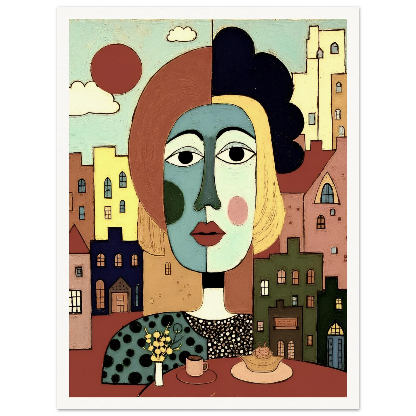 A cubist portrait of a woman at a café table with coffee and pastry, set against a pastel-colored cityscape and warm red sun.